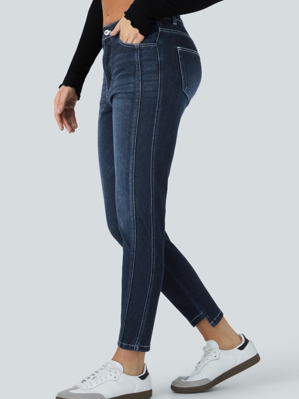 HALARA Dark Blue Skinny Jeans with Center Seam Detail